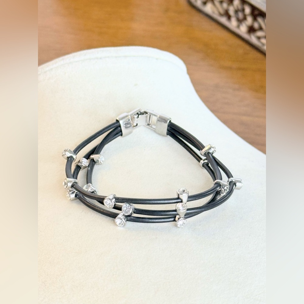 Modern Triple-Strand Black Leather Bracelet with Clear Crystal Accents – 7.5”